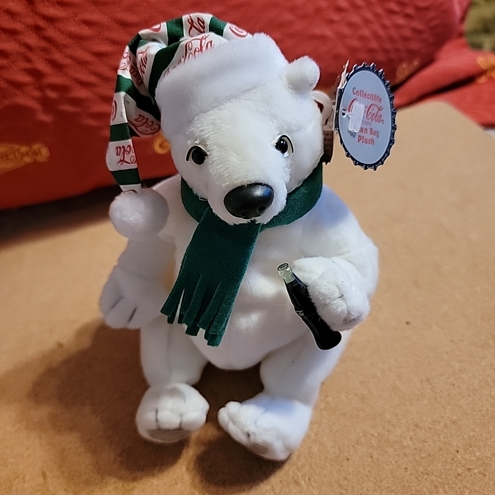 Coca-Cola Polar Bear Plush with Green Scarf and Holiday Hat